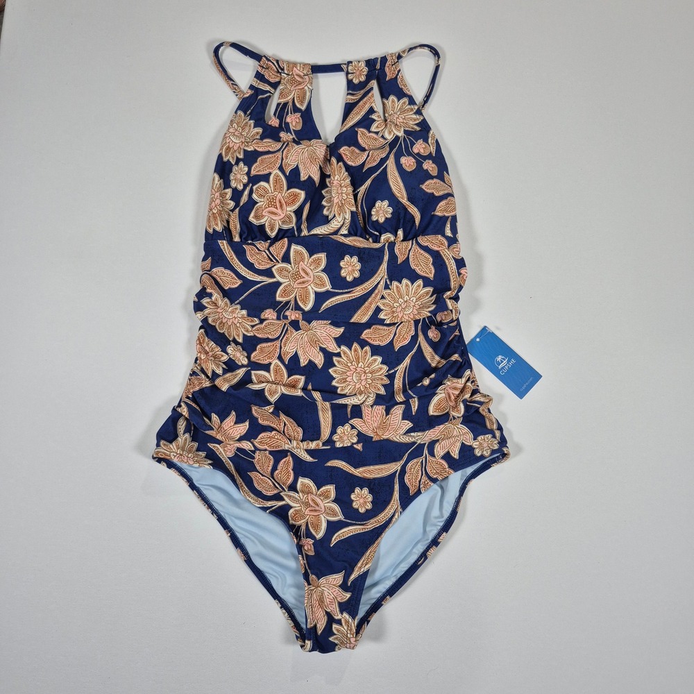 Cupshe Navy Blue Floral High Neck Ruched One Piece Swimsuit New Medium